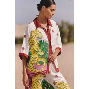 Anthropologie Celandine Women's Linen Blend Button Down Shirt, Sz M, Ivory Comb